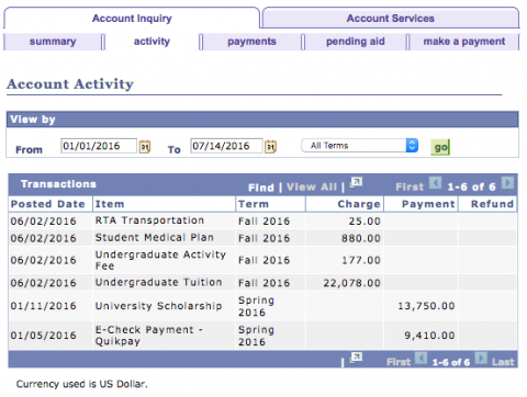 A screenshot of the Account Activity section within SIS