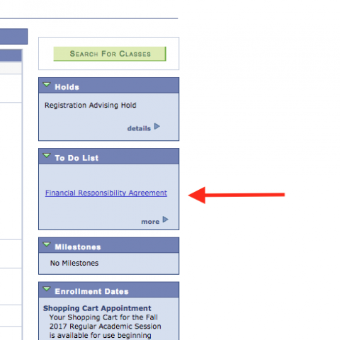 A screenshot of where to find the Financial Responsibility Agreement