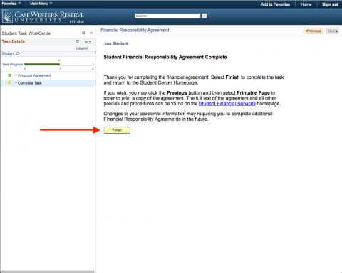 A screenshot of the Finish button on the Financial Responsibility Agreement in SIS