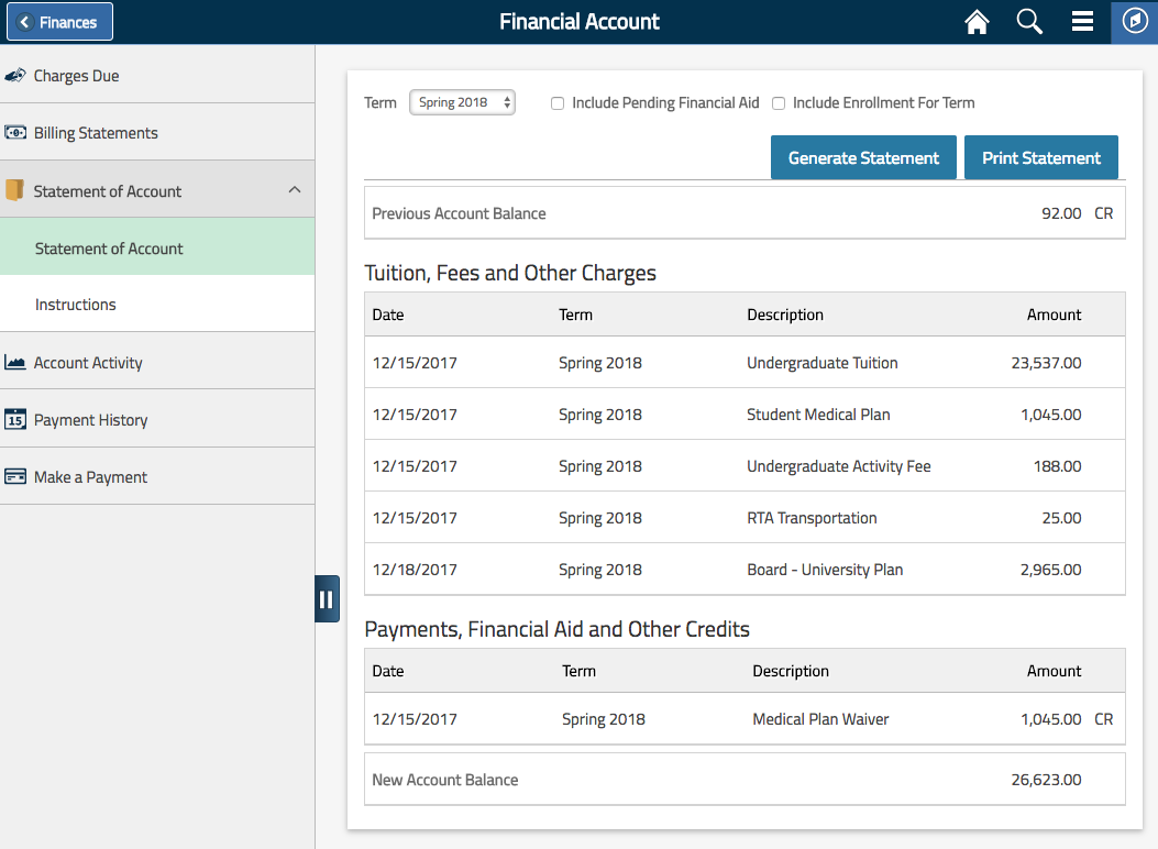 Statement of Account screenshot in SIS