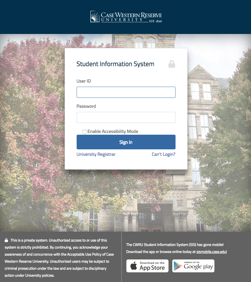 SIS 9.2 Login Page screenshot