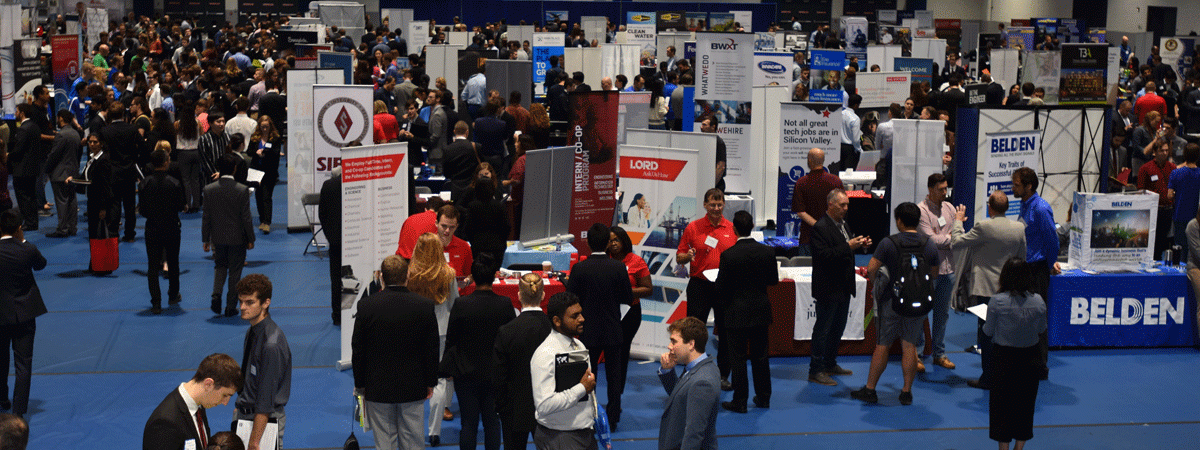 Crowd scene of students and recruiters at a career fair at Case Western Reserve University