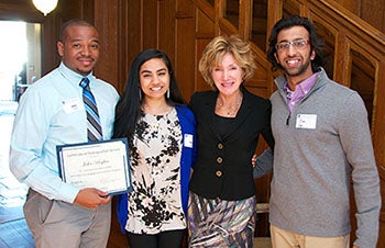 Three Civic Engagement Scholars at a Reception with Case Western Reserve University President, Barbara Snyder