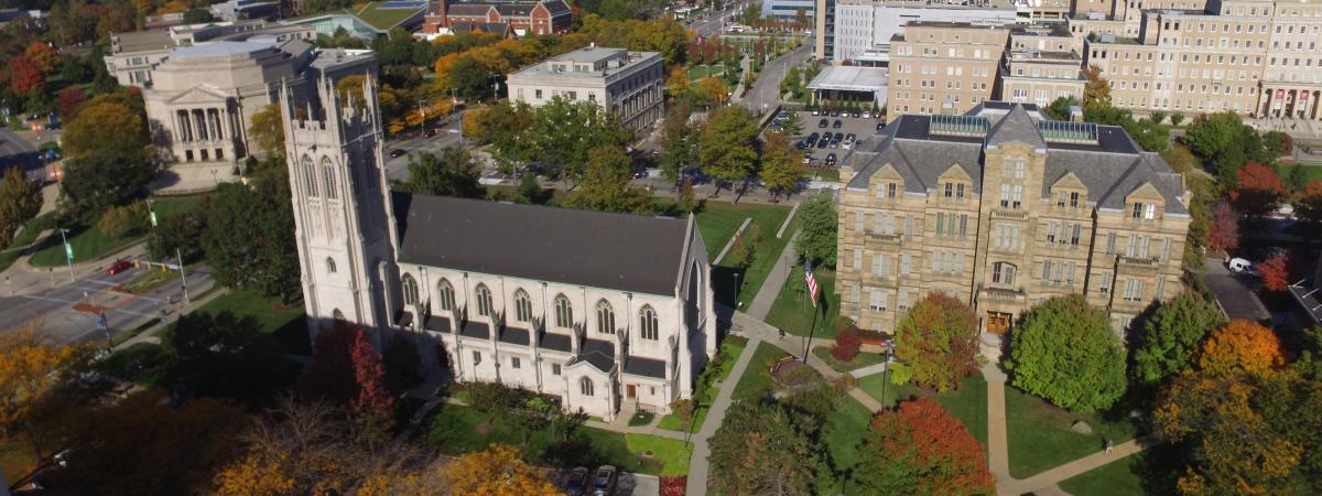 Aerial view of Adelbert Hall and Amasa Stone Chapel