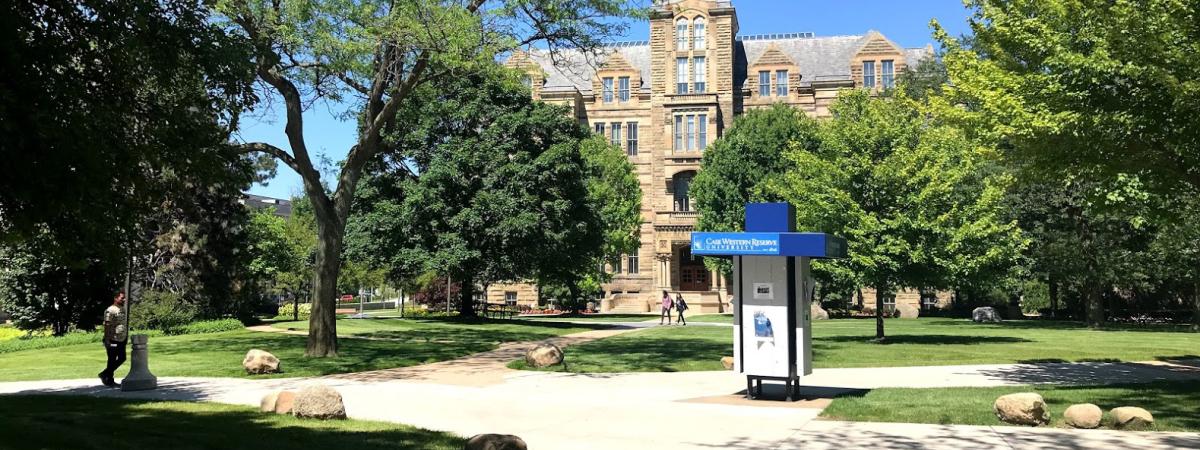 A view of the main CWRU quad during the summer, showing Adelbert Hall