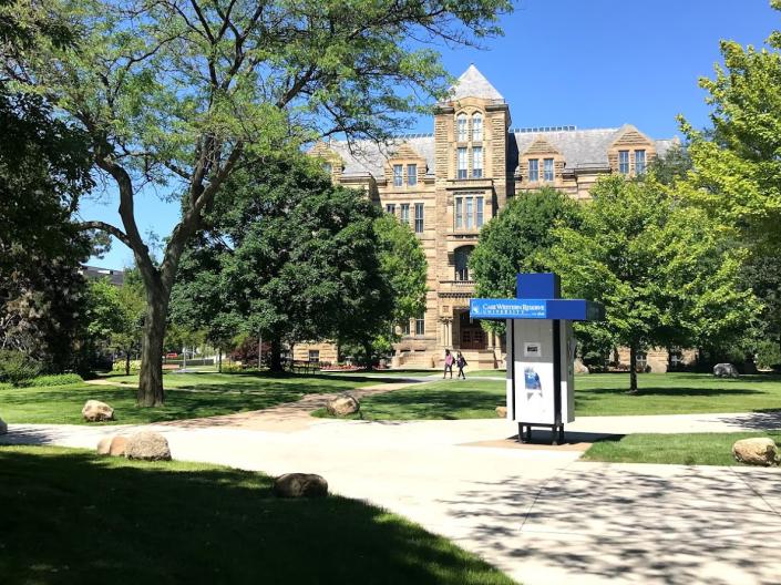 A view of the main CWRU quad during the summer, showing Adelbert Hall