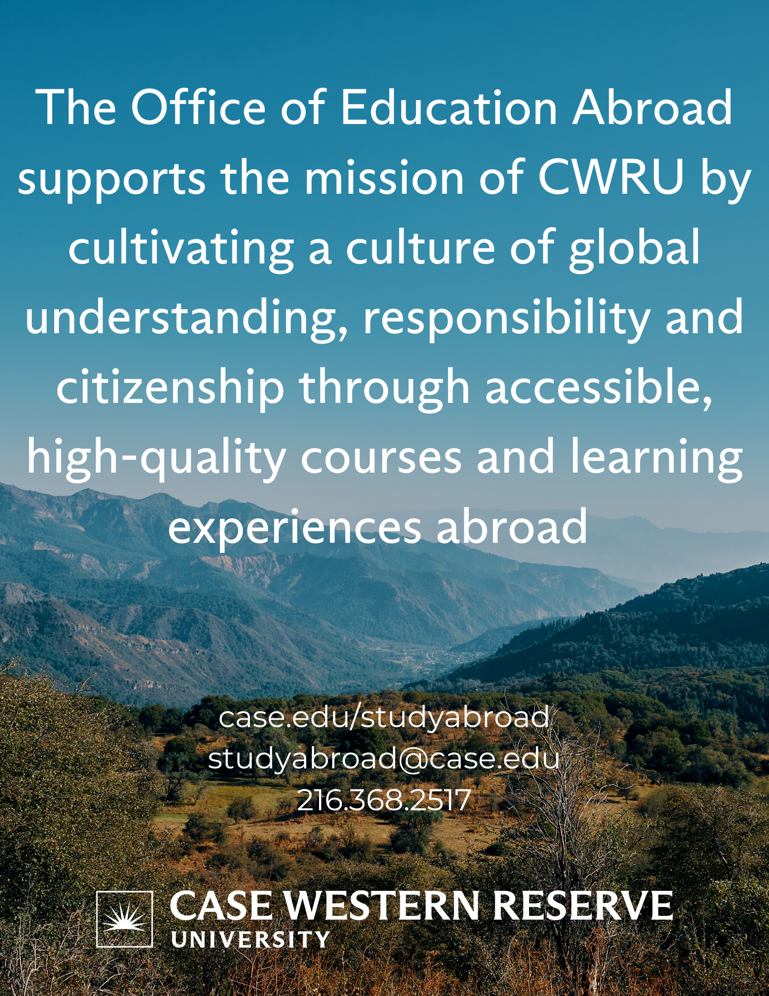 The Office of Education Abroad supports the mission of CWRU by cultivating a culture of global understanding, responsibility, and citizenship through accessible, high-quality courses and learning experiences abroad