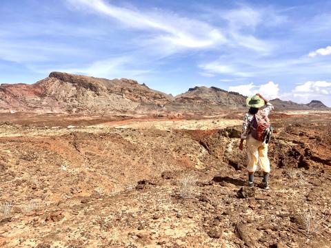 CWRU student standing with back to camera overlooking Turkana Basin in Kenya