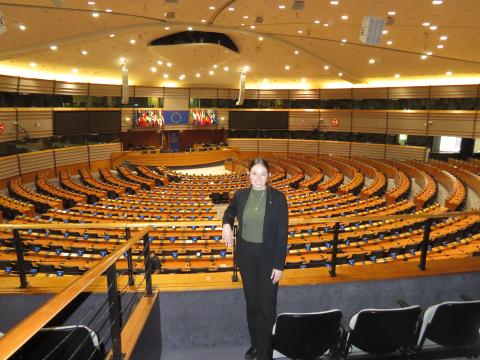 CWRU student standing in the EU parliament headquarters