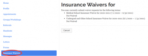 MyHealthConnect home page with "Insurance Waivers" circled on the left-hand navigation.