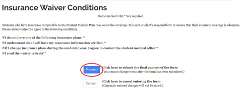 Screen shot of insurance waiver conditions page, with the "Proceed" button circled.