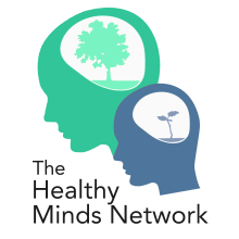 The Healthy Minds Network logo. Silhouette of two heads, one green and one blue