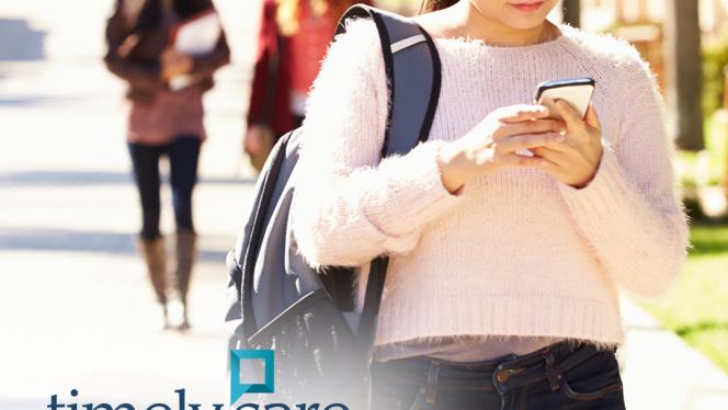 Student on phone, with timelycare logo