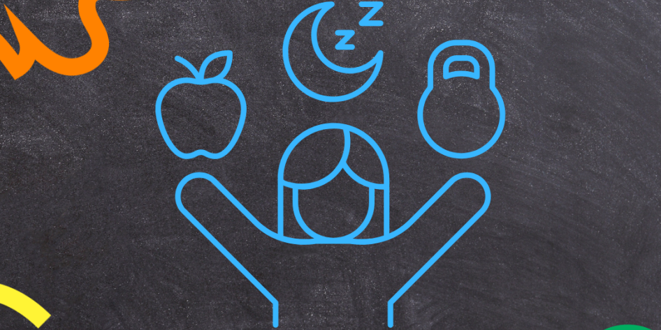 Image of a person with a fruit, a moon with Zs, and a dumbbell 