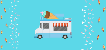 Ice Cream truck with sprinkles and ice cream cones around it 