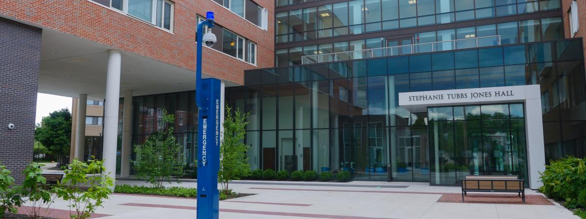 The Stephanie Tubbs Jones Hall for upperclass students. View of entrance courtyard
