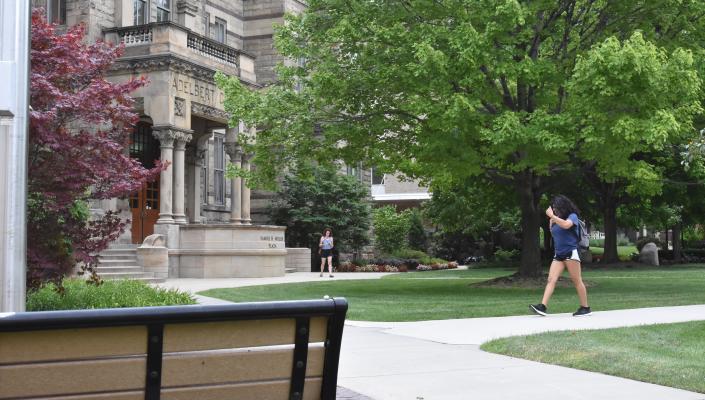 Students walking outside of Adelbert Hall