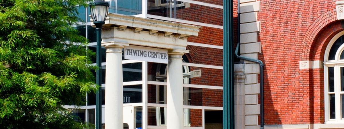 Thwing Center sign on the outside of the building