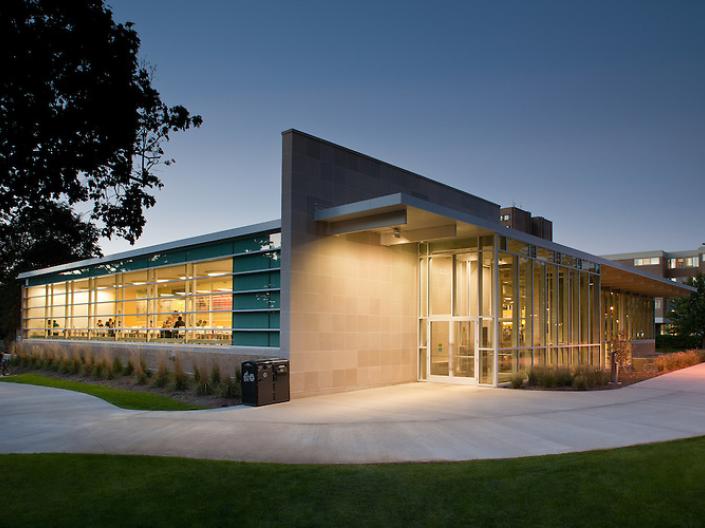 Leutner Commons Exterior in the evening