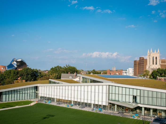 An aerial shot of one of the buildings on campus