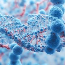 Illustration of dark blue DNA strands on a light blue and pink background.