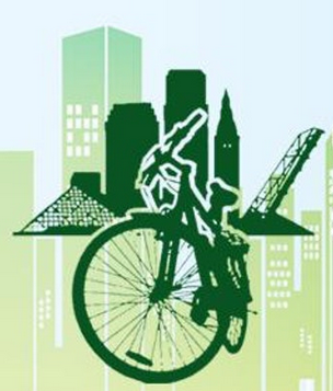 green silhouette of a bike and downtown Cleveland
