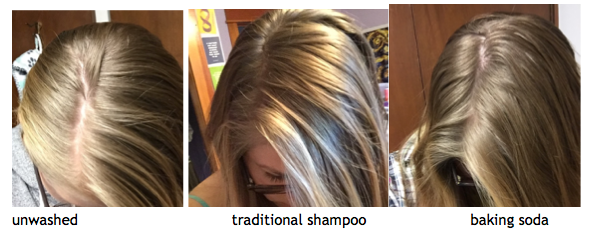 image of results of unwashed, shampooed and baking soda washed hair