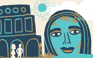 A graphic of a drawn woman's head and a building all in tones of blue