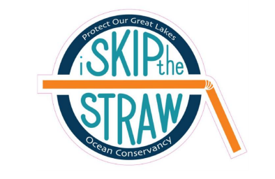 skip the straw logo, orange straw with blue lettering