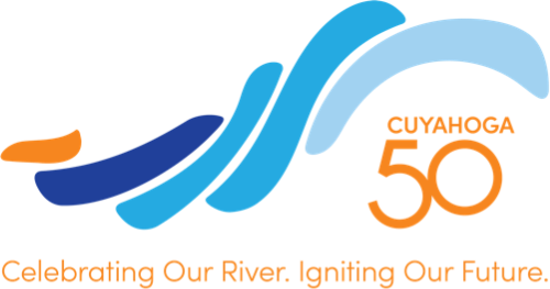 Cuyahoga 50 logo - blue swirls over orange 50