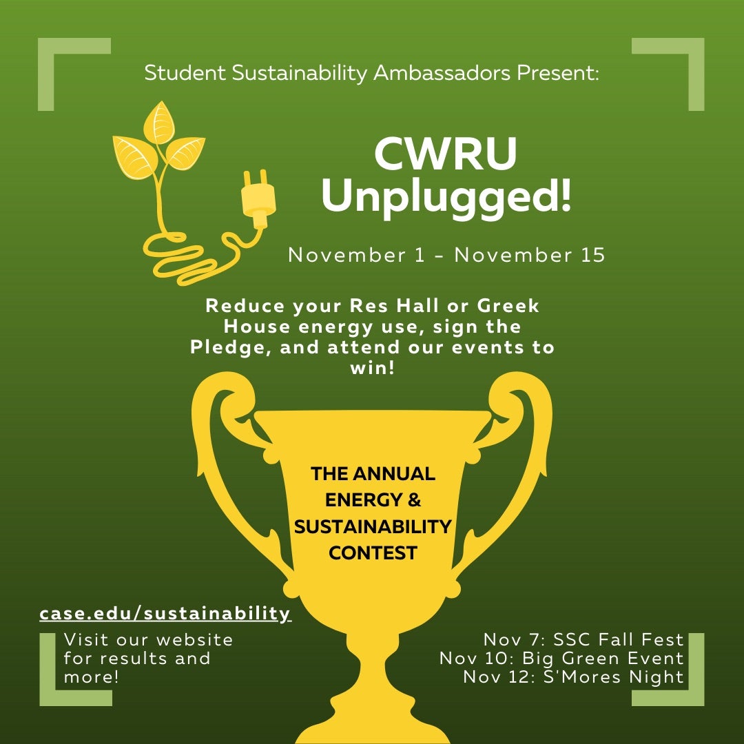 CWRU Unplugged on green background with yellow trophy in foreground