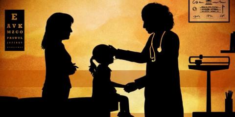 silhouettes of doctor, mother and child sitting on exam table in doctor's office