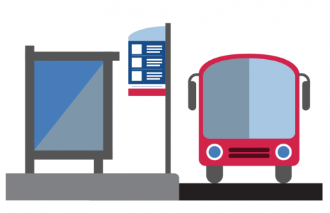 vector image of a bus stop with a bus and an RTA sign