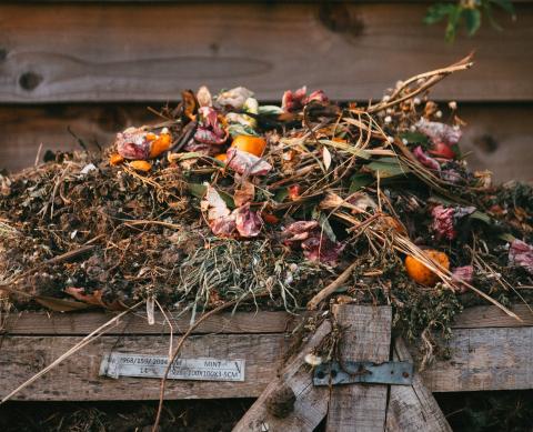 Dry leaves, garden waste and kitchen scraps piled within wooden structure
