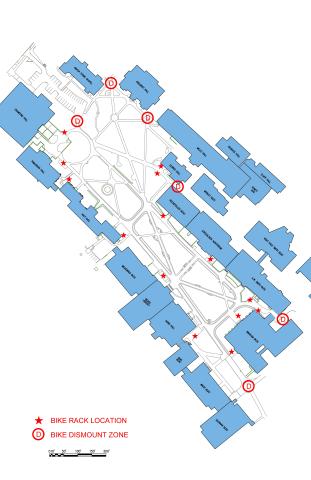 A map of where bike racks are located on the Case Quad