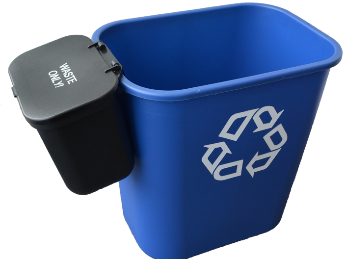 Image shows a blue deskside recycling bin with a black "waste only" sidecar.  