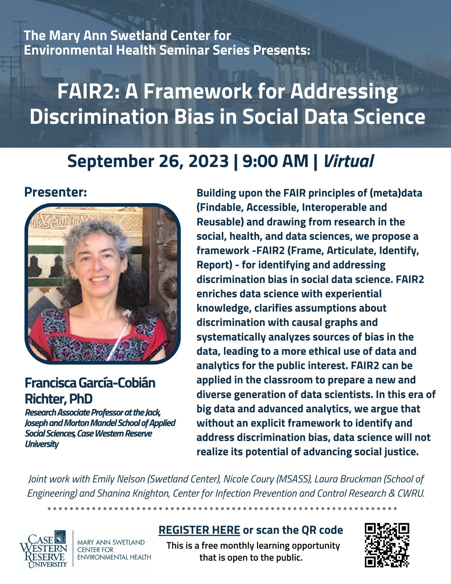 Blue and white flier with a description of the presentation and the presenter's photo