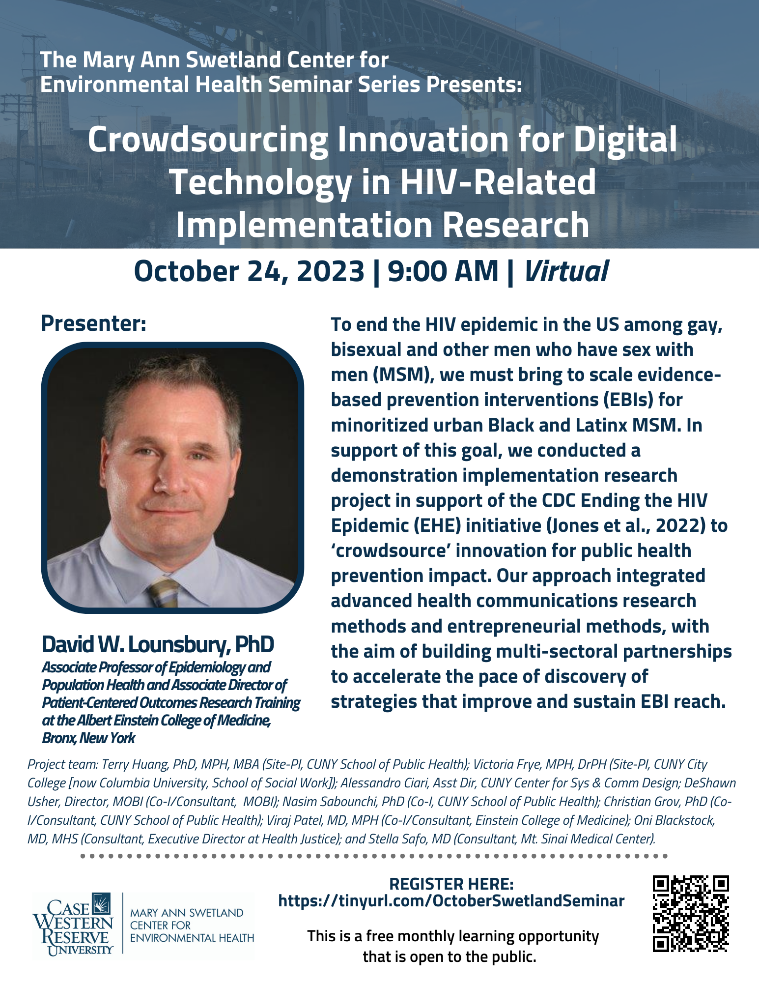 Blue and white flier with the presenter's photo and description of the seminar