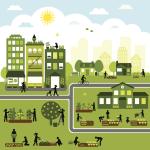 Illustrated image of a healthy community with gardens and pedestrians and cyclists
