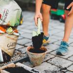 Person gardening by scooping dirt into a pot