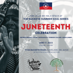 flier with black and white photo of woman clapping and smiling, wearing traditional African clothing. includes details about the event