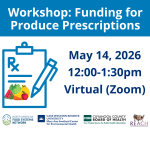 illustration of a prescription pad with fruits on it. Workshop: Funding for Produce Prescriptions. May 14, 2026 12-1:30pm, virtual (zoom)