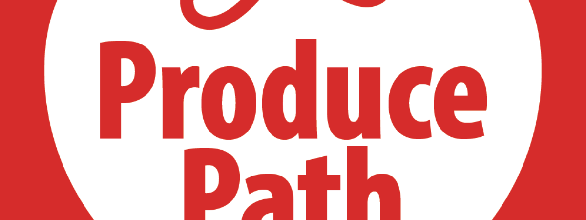 red and white Produce Path logo in the shape of a tomato