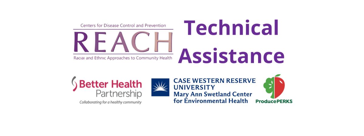 Logos for CDC REACH, Swetland Center, Better Health Partnership & Produce Perks Midwest