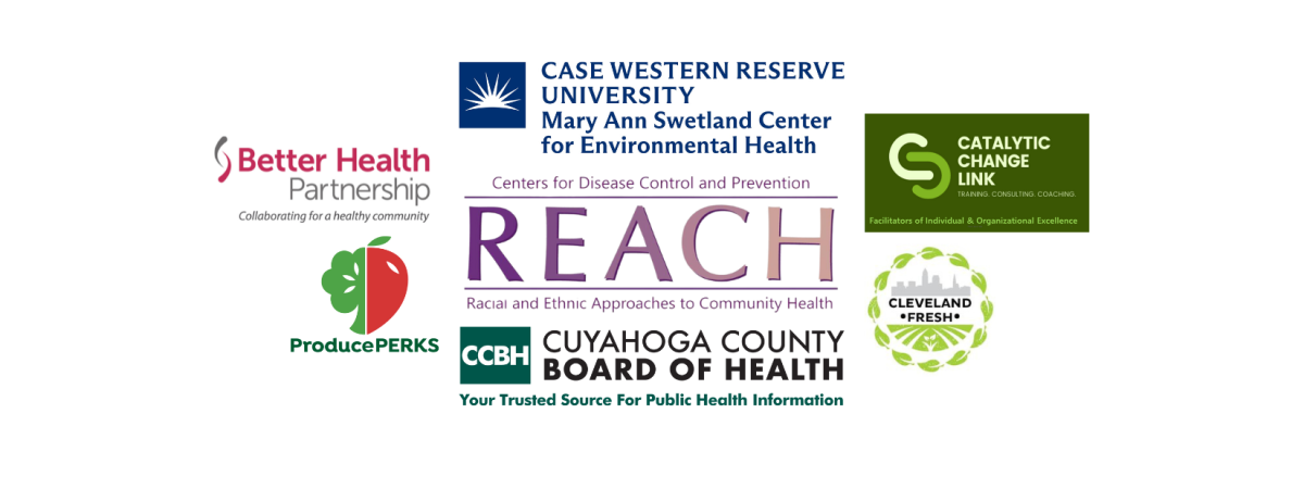 logos for CDC REACH, Swetland Center, Produce Perks Midwest, Better Health Partnership, Catalytic Change Link, and Cleveland Fresh