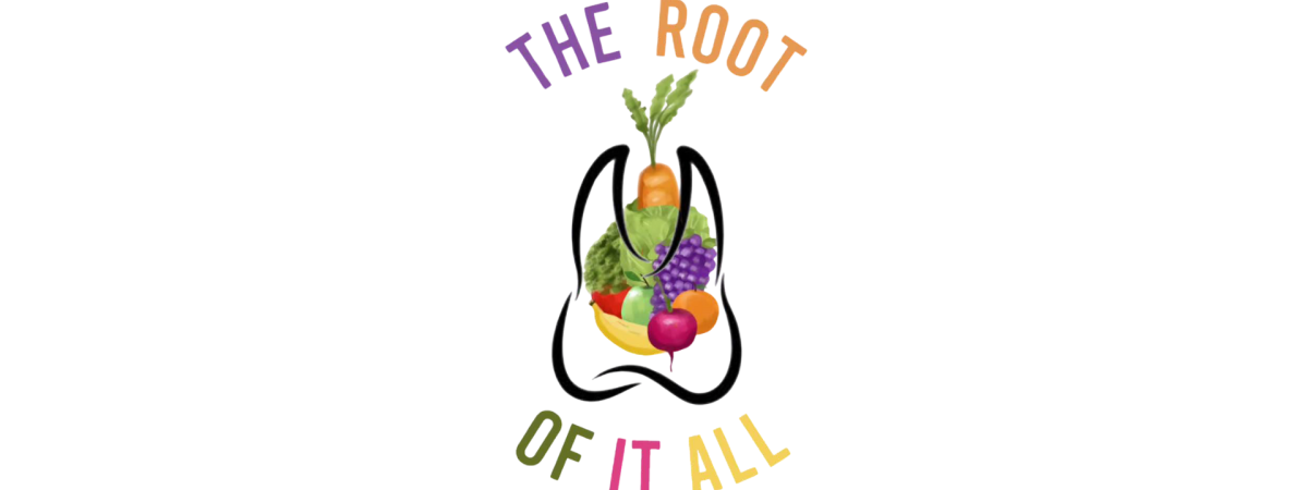 logo for The Root of It All, a tooth that looks like a shopping bag with fruits and vegetables inside