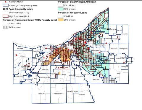 Map of Cuyahoga County with rates of food insecurity in specific neighborhoods