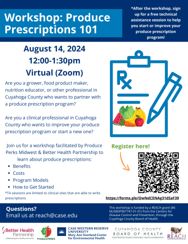 blue and white flier with information about the Produce Prescriptions 101 Workshop