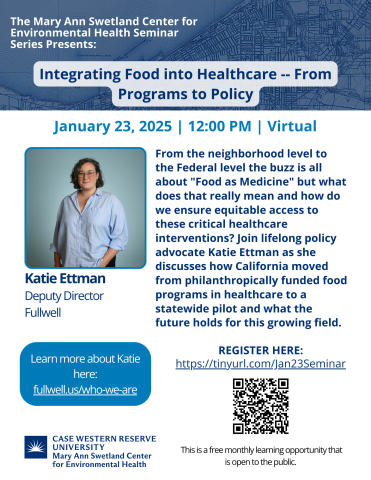 blue and white flier with photo of presenter Katie Ettman, and details for the seminar on January 23rd, 2025 from 12:00 to 1:00pm on Zoom.