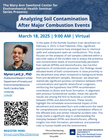 blue and white flier with photo of the speaker, Myron Lard, Jr., PhD. Description of the presentation and registration link included. "Analyzing Soil Contamination After Major Combustion Events"